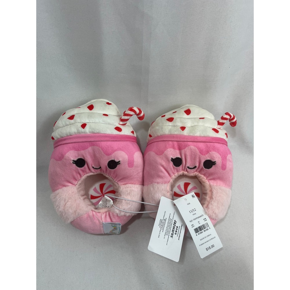 Squishmallows Peppermint Hot Cocoa Pink Plush Slippers‎ Kids Size 11/12 NWT